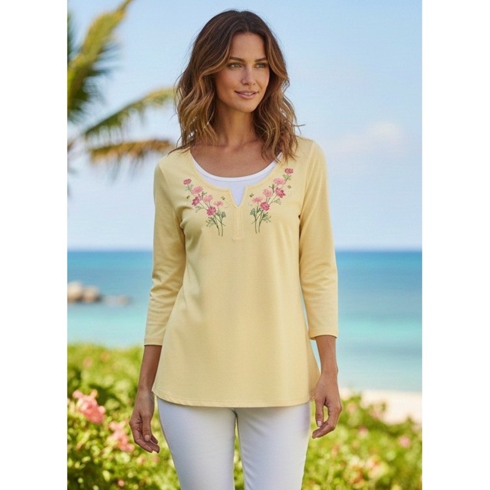 Decorated Originals Women's Floral Embroidered 3/4 Sleeve‎ Top Size 3XL Yellow